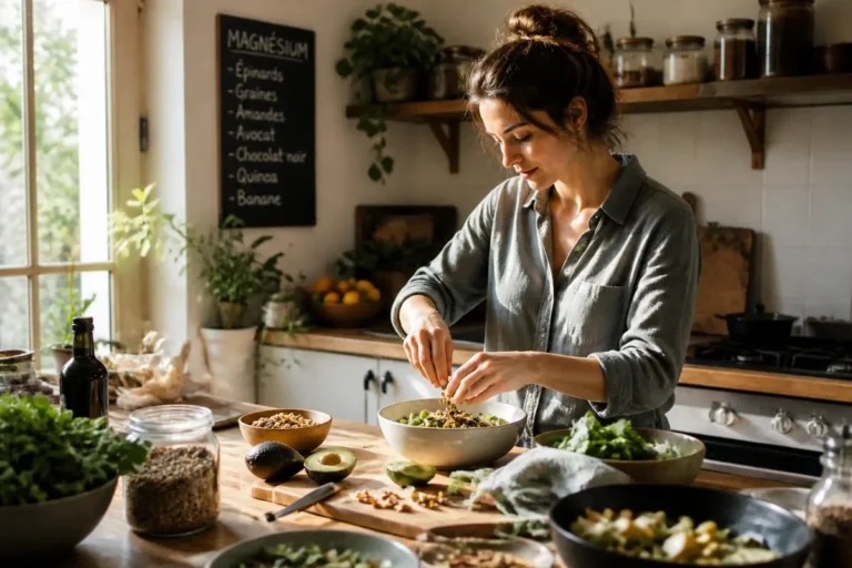 Femme préparant une salade healthy avec des ingrédients riches en magnésium, légumes frais.