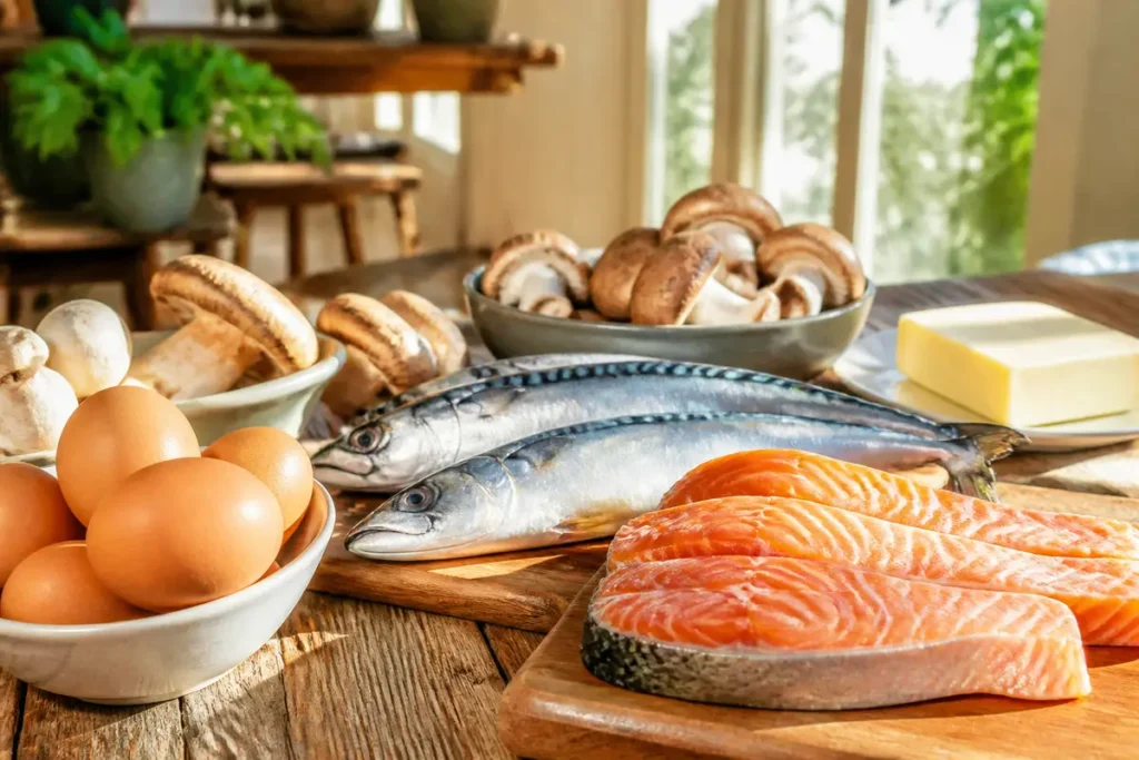Poissons, œufs, champignons et beurre riches en aliment contenant de la vitamine D