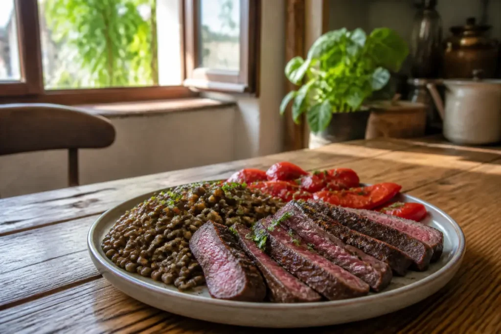 Assiette de viande, lentilles et tomates, aliment riche en fer pour la grossesse