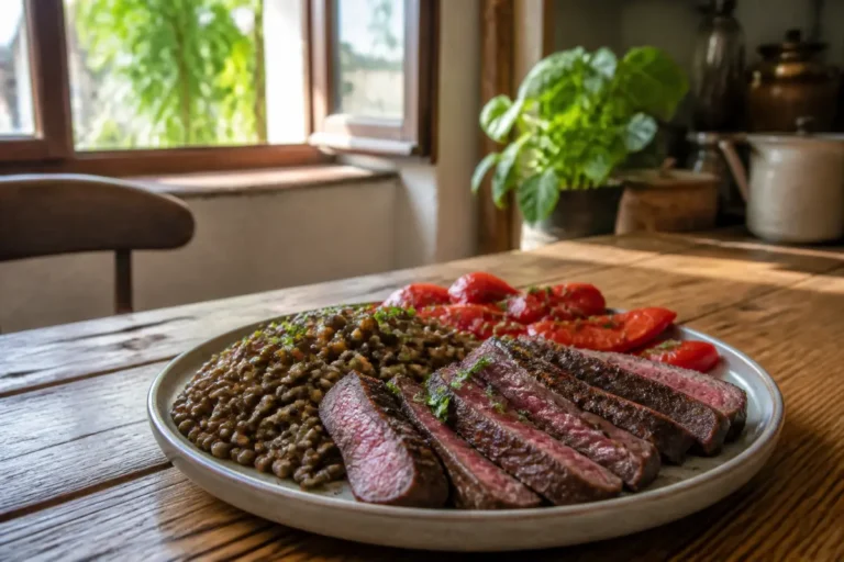 Assiette de viande, lentilles et tomates, aliment riche en fer pour la grossesse