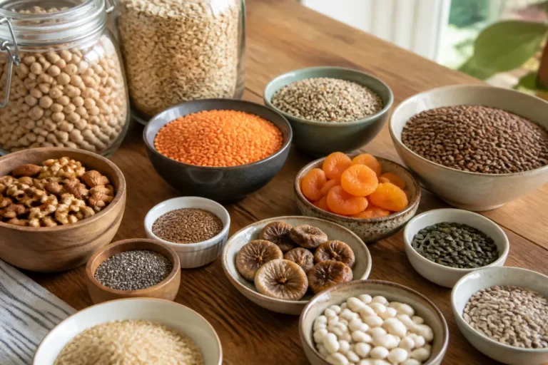 Assortiment de divers aliments riches en fibres sur une table en bois