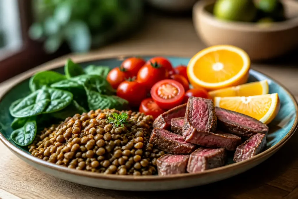 Assiette équilibrée avec aliments riches en fer pour anémie : viande, lentilles, épinards, agrumes