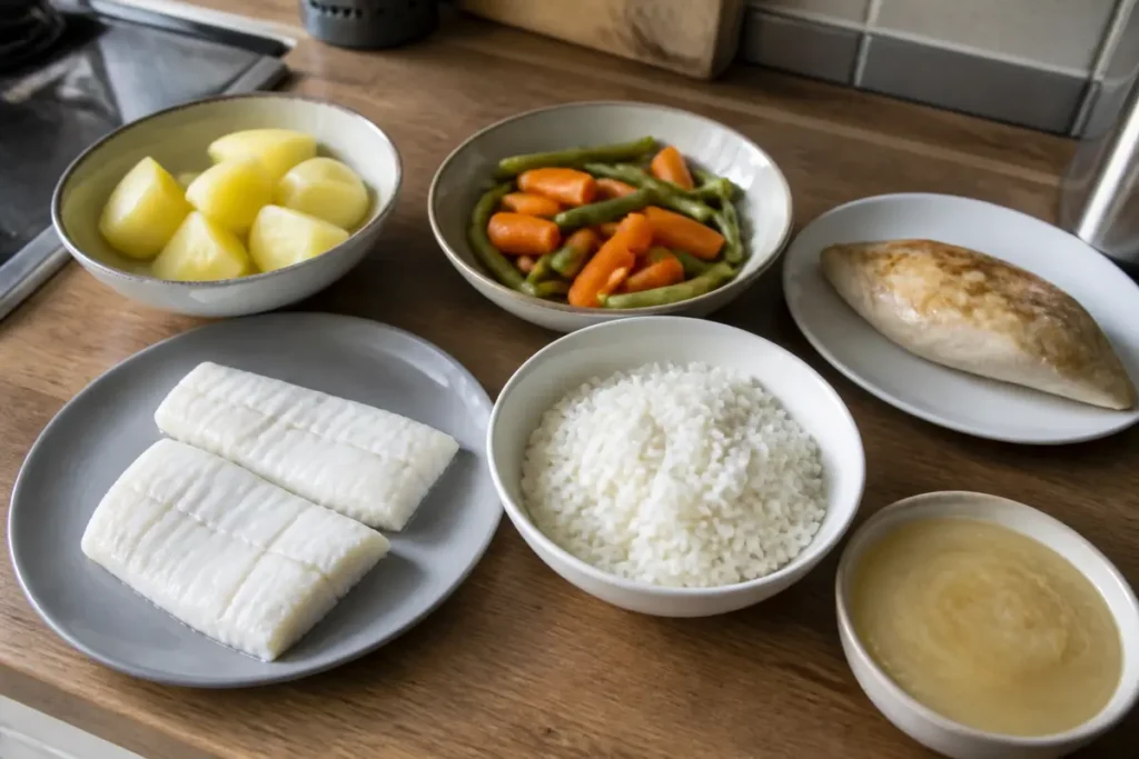 Assiette d'aliments cuits, divers ingrédients pour une liste d'aliments sans résidus.