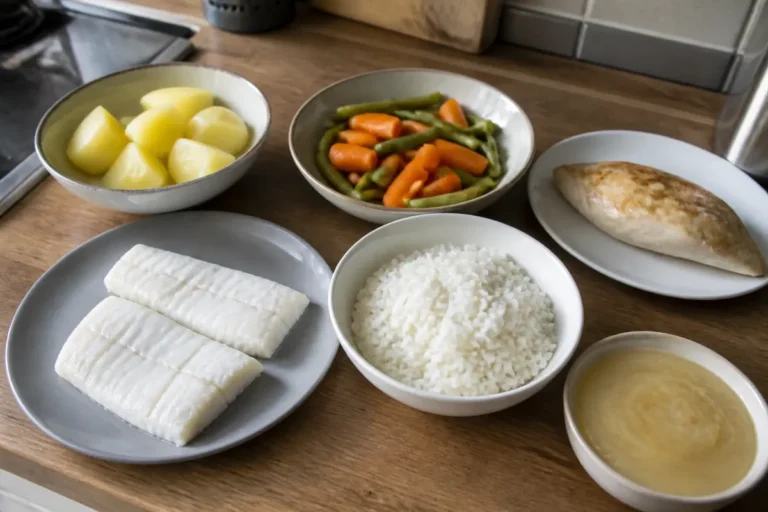 Assiette d'aliments cuits, divers ingrédients pour une liste d'aliments sans résidus.