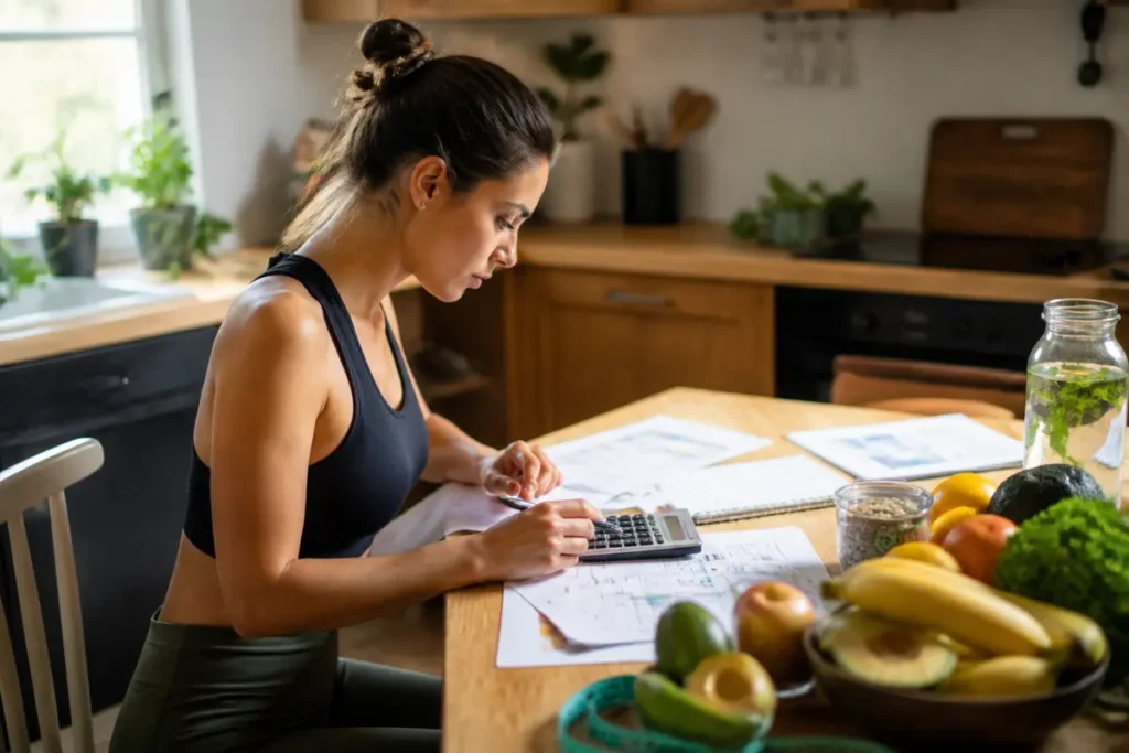 Femme utilisant une calculatrice pour le calcul des calories par jour dans sa cuisine