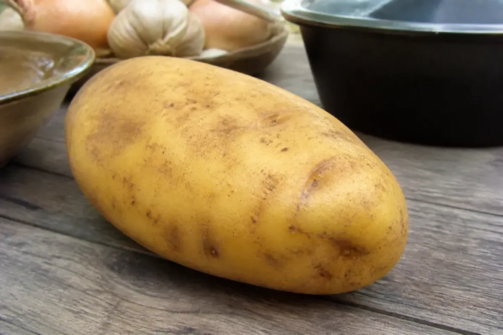 Pomme de terre crue sur table, évoquant les calories de la pomme de terre crue