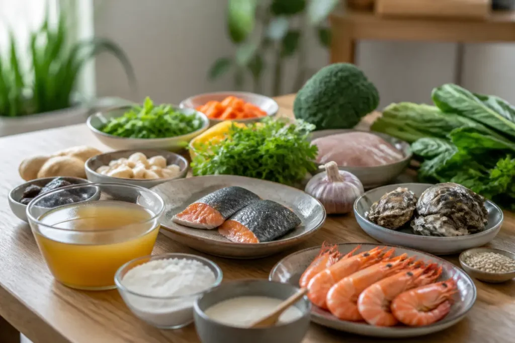 Assortiment d'aliments riches en collagène et alimentation équilibrée sur une table en bois