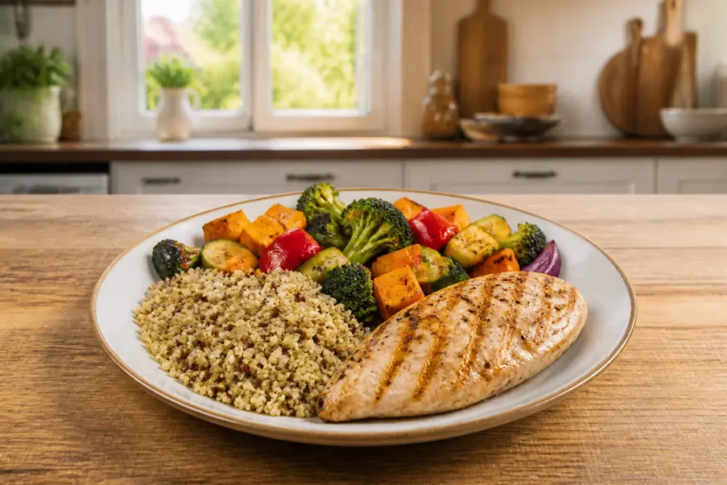 Assiette équilibrée poulet légumes quinoa pour savoir combien de calories par jour pour maigrir