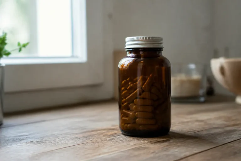 Flacon de gélules contenant un complément alimentaire contre la constipation sur une table en bois