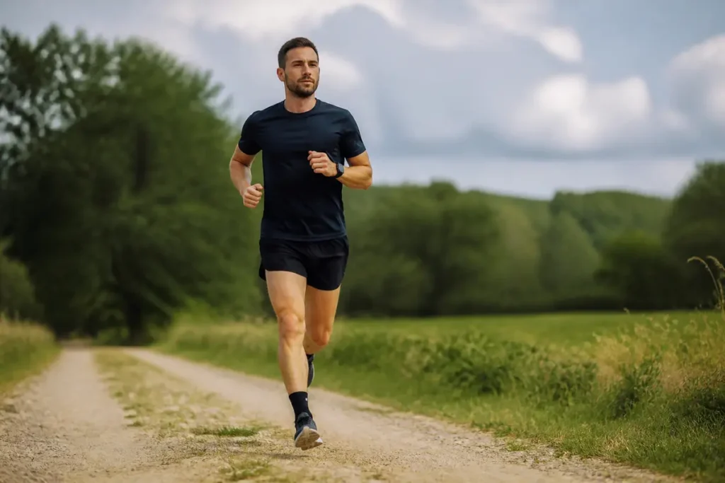 Jogger solitaire sur chemin forestier explorant l'endurance fondamentale et son calcul optimal