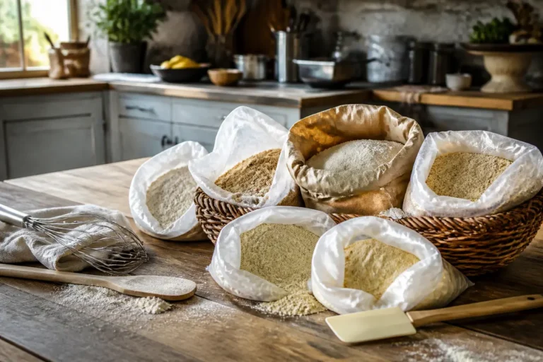 Farines diverses à index glycémique bas disposées sur une table dans une cuisine rustique
