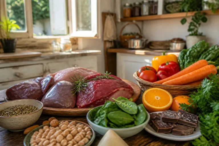 Légumes et viandes riches en fer dans les aliments sur une table de cuisine rustique