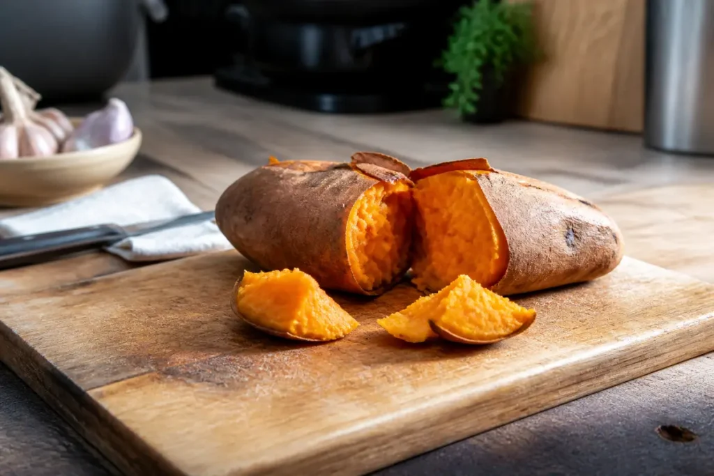 Patate douce cuite coupée sur planche en bois, montrant l'index glycémique de la patate douce