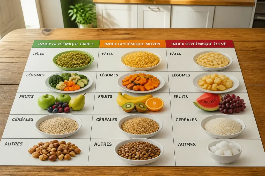 Tableau de l'index glycémique des aliments : pâtes, légumes, fruits, céréales, autres catégories