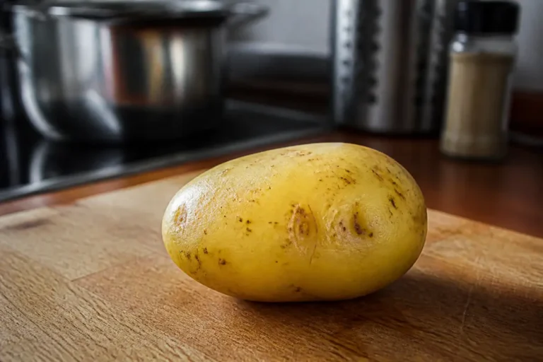 Pomme de terre posée sur planche de bois, indice glycémique de la pomme de terre important