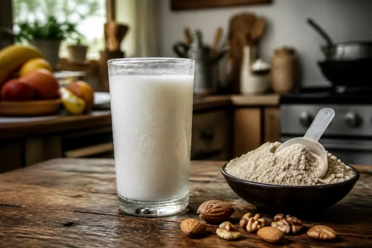 Verre de lait et poudre de protéine avec fruits secs en arrière-plan sur table en bois