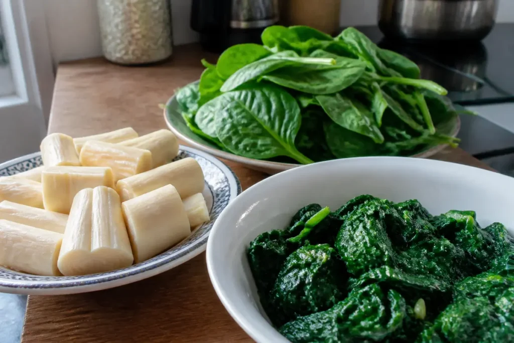 Épinards frais et cuits, un légume riche en fer, avec cœur de palmier émincé