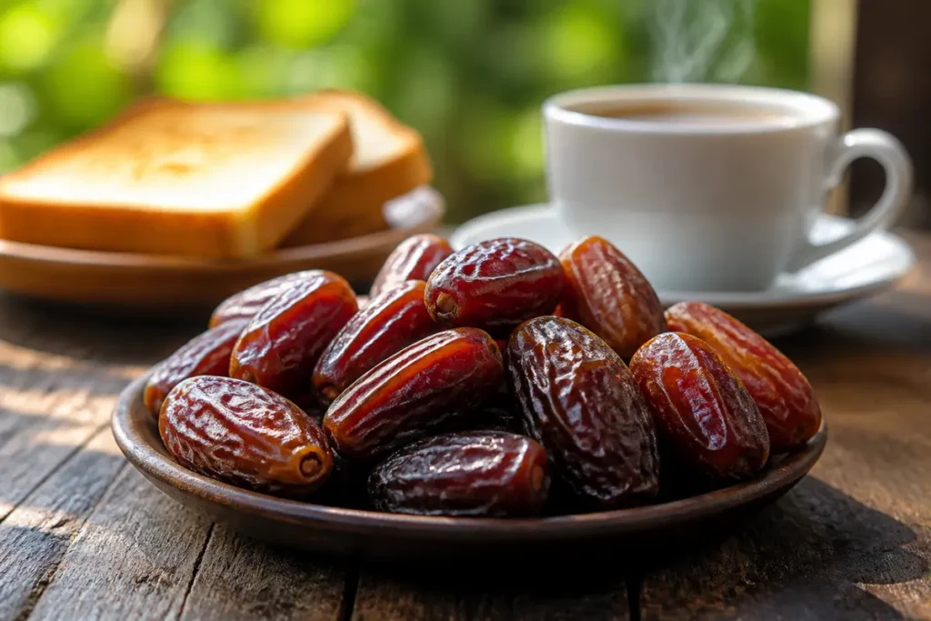 Assiette de dattes et café illustrant les bienfaits des dattes à jeun le matin