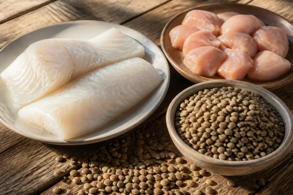 Poisson, poulet et lentilles sur table en bois, aliments riches pour liste des protéines.