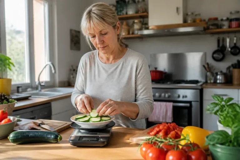 Femme préparant un repas sain pour maigrir pendant la ménopause avec des légumes frais