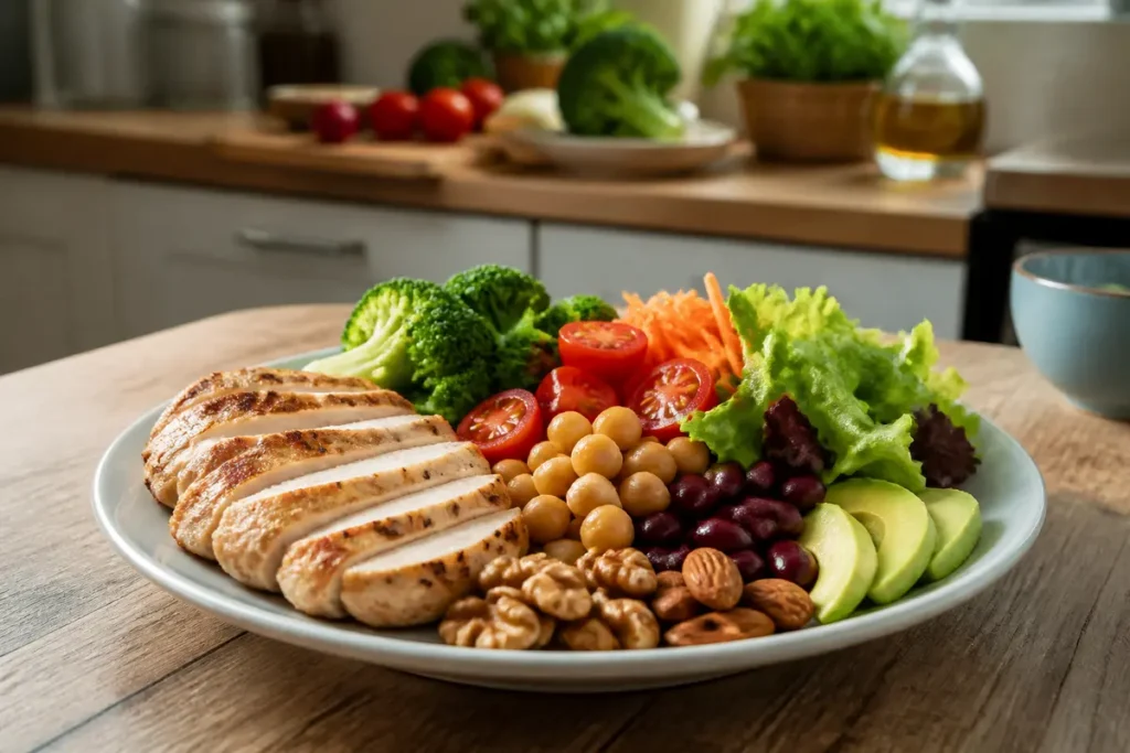 Assiette équilibrée avec poulet et légumes pour aider à maigrir du ventre efficacement