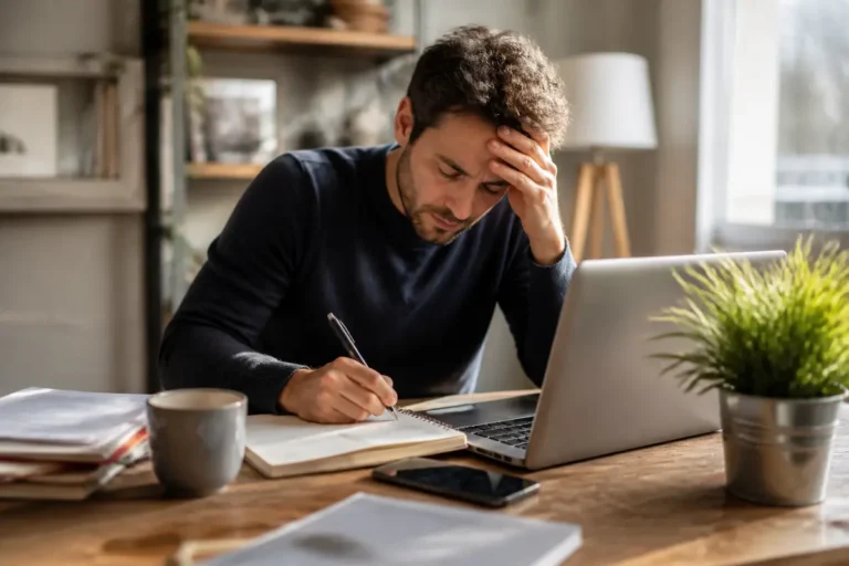Homme stressé au travail, souffre de fatigue liée au manque de potassium.