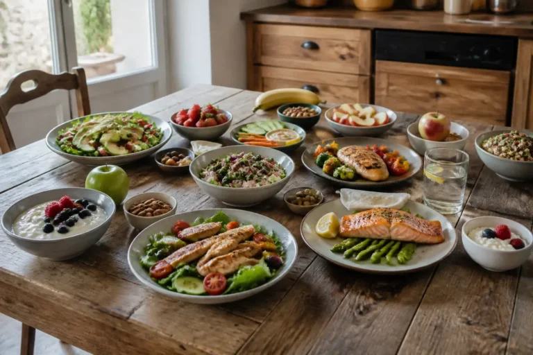 Repas équilibrés pour un menu diabétique sur une semaine avec saumon, légumes et quinoa