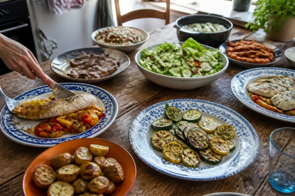Table dressée avec plats variés pour menu équilibré semaine pour famille nombreuse
