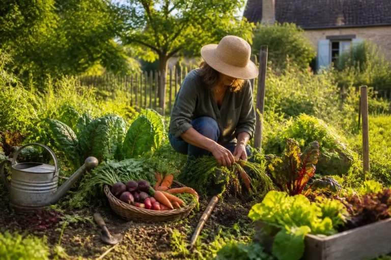 Femme jardinant pour perdre du poids en préménopause avec des légumes frais et biologiques