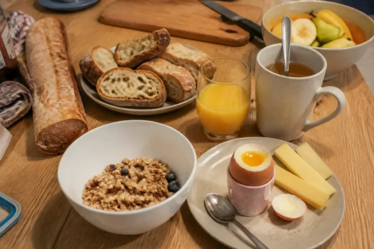 Petit déjeuner équilibré avec pain, céréales, fruits, œuf à la coque et jus d'orange