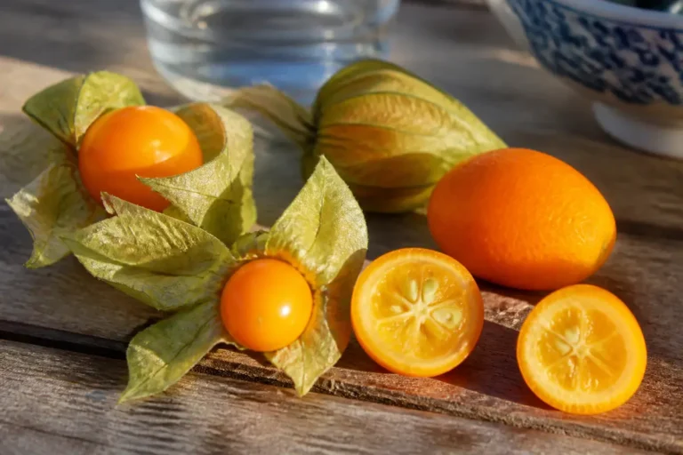 Fruits exotiques tranchés et enveloppés, avec petit fruit orange sur table en bois