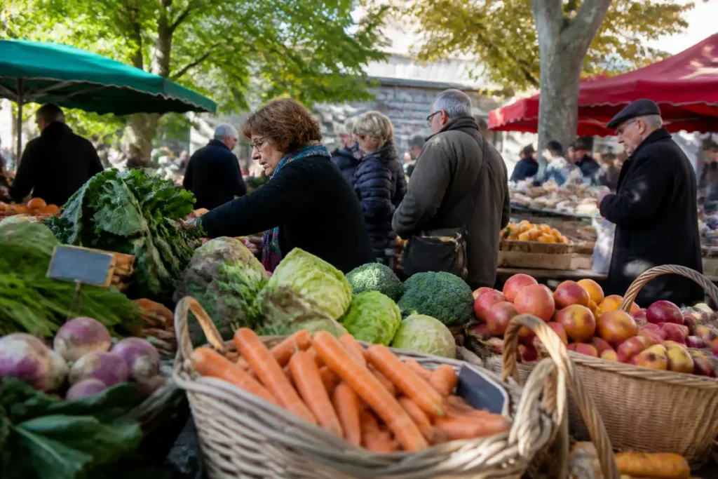 Marché plein air avec fruits et légumes frais, focus sur programme national de nutrition santé