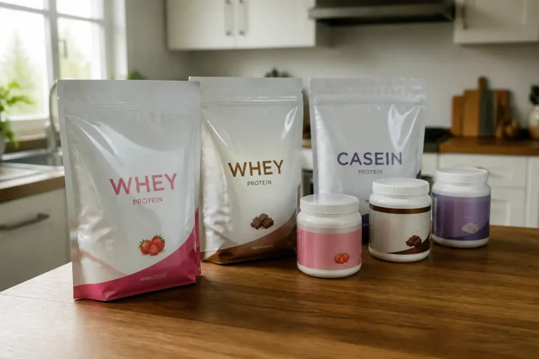 Produits protéinés pour femme avec whey et caséine exposés sur une table de cuisine