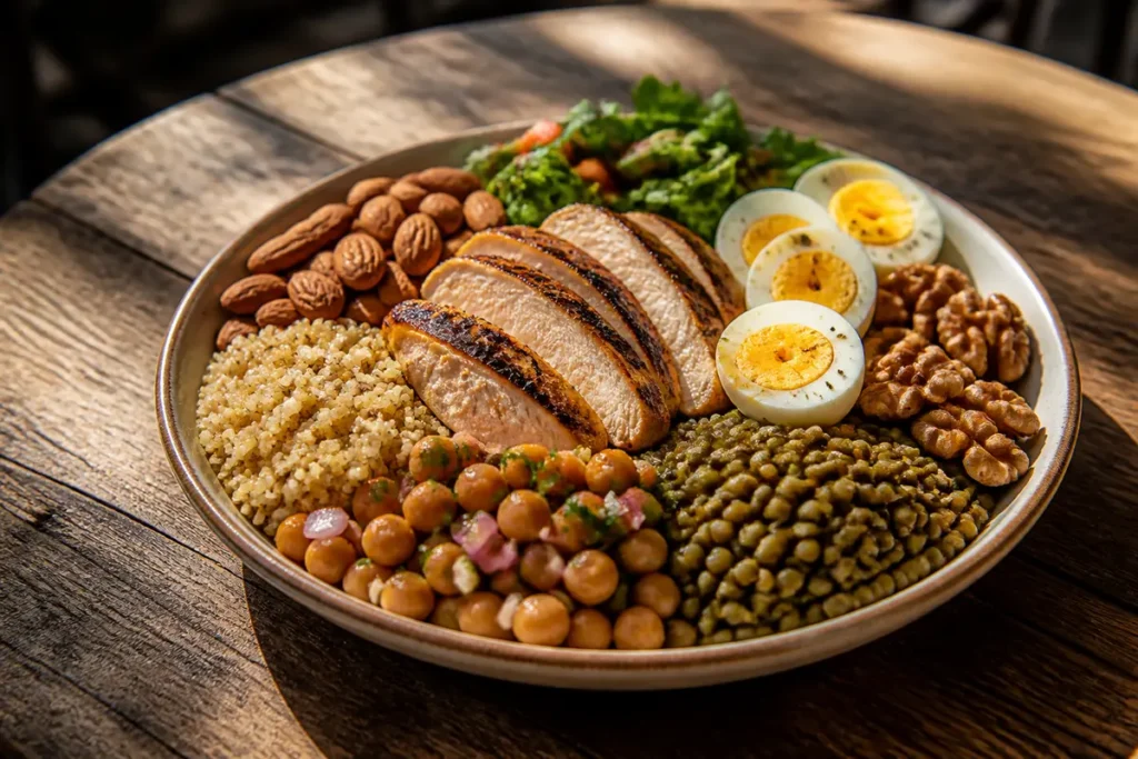 Assiette équilibrée avec poulet, œufs, quinoa et noix pour consommation de protéines par jour