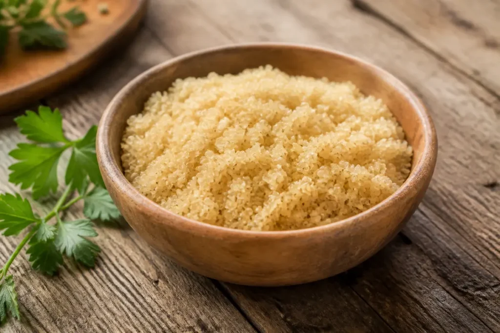 Bol en bois rempli de quinoa, riche en protéines pour 100g, sur table rustique