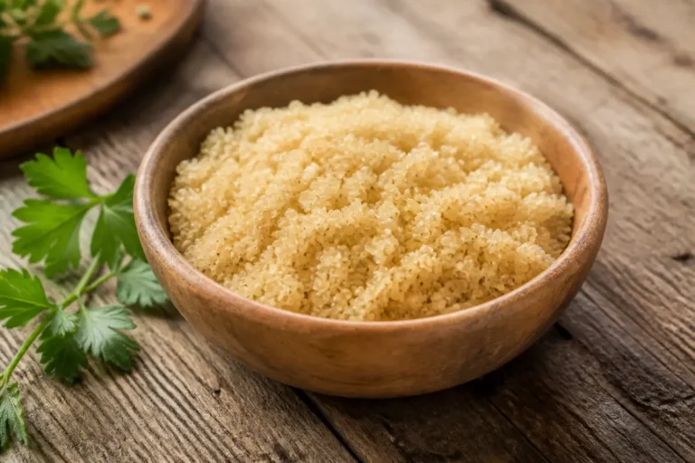Bol en bois rempli de quinoa, riche en protéines pour 100g, sur table rustique
