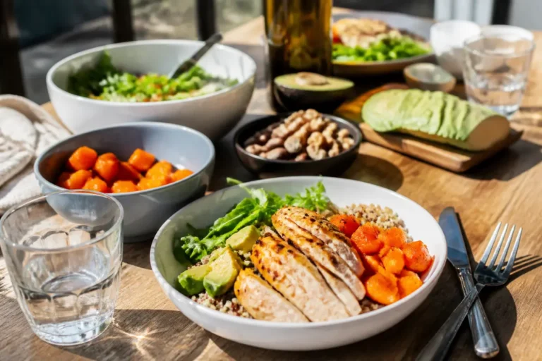 Assiette équilibrée de poulet, avocat et légumes, illustrant des menus de rééquilibrage alimentaire.