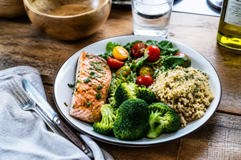 Assiette équilibrée avec saumon, quinoa, légumes pour un régime efficace pour perdre 10 kilos