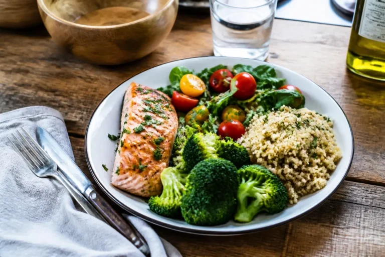 Assiette équilibrée avec saumon, quinoa, légumes pour un régime efficace pour perdre 10 kilos