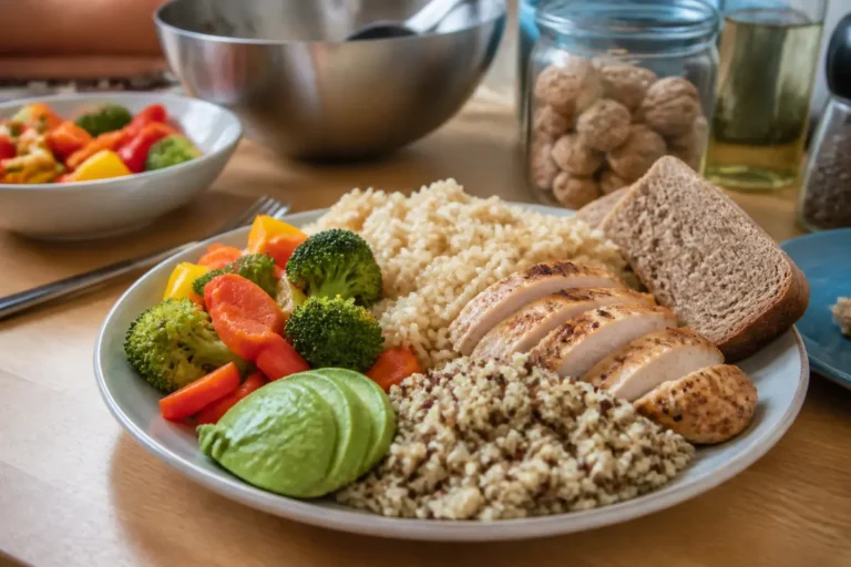 Assiette variée avec légumes, poulet, céréales et pain pour un repas équilibré à midi