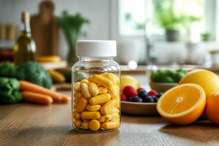 Bocal de compléments alimentaires pour vitamine contre la fatigue avec fruits et légumes frais